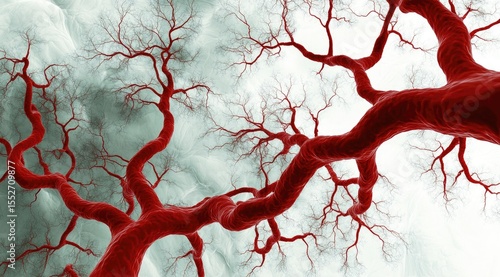 Red blood vessels branching outward, resembling a tree against a hazy sky