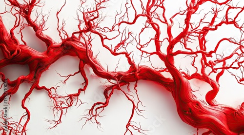 Red, intricate, branching, root-like structures against white background