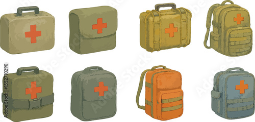 Watercolor Medical Kits and Military Stretchers in Survival Theme Tactical Emergency First Aid and Field Rescue Equipment Illustration Set | Generative AI