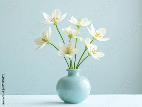 Minimalist Ikebana Composition White Blossoms in a Light Blue Vase