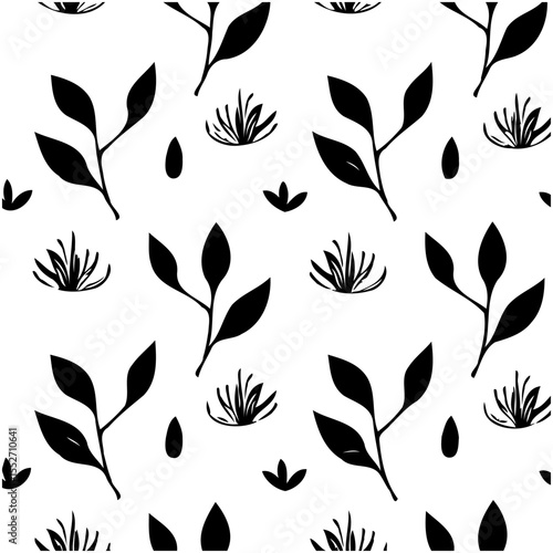 Elegant monochrome pattern featuring leaves and shrubbery on a white background
