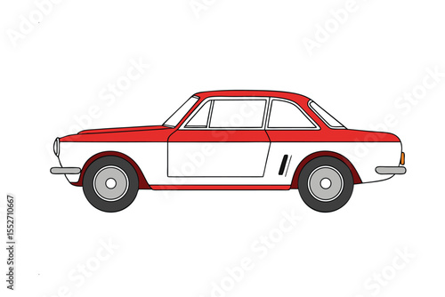 Classic Coupe: Red and white two-tone classic car side profile. A timeless design, elegant lines.