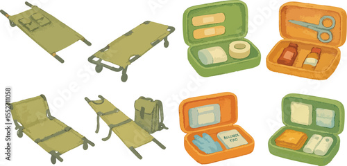 Watercolor Medical Kits and Military Stretchers in Survival Theme Tactical Emergency First Aid and Field Rescue Equipment Illustration Set | Generative AI