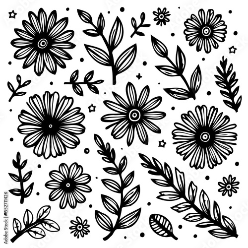 Elegant Black and White Floral Pattern with Intricate Details and Dainty Leaves