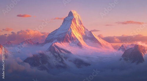 Majestic mountain peak bathed in golden sunset hues, with clouds swirling around it