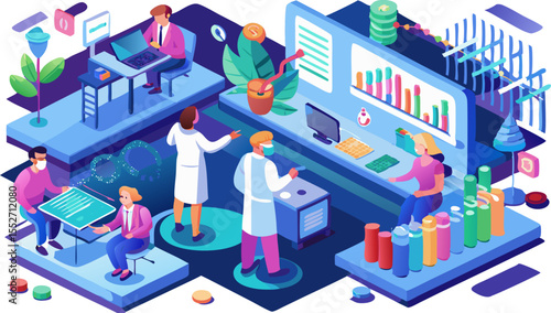Colourful isometric scene of a biotechnology lab: scientists in lab coats examining DNA models and health data graphs on wall screens.