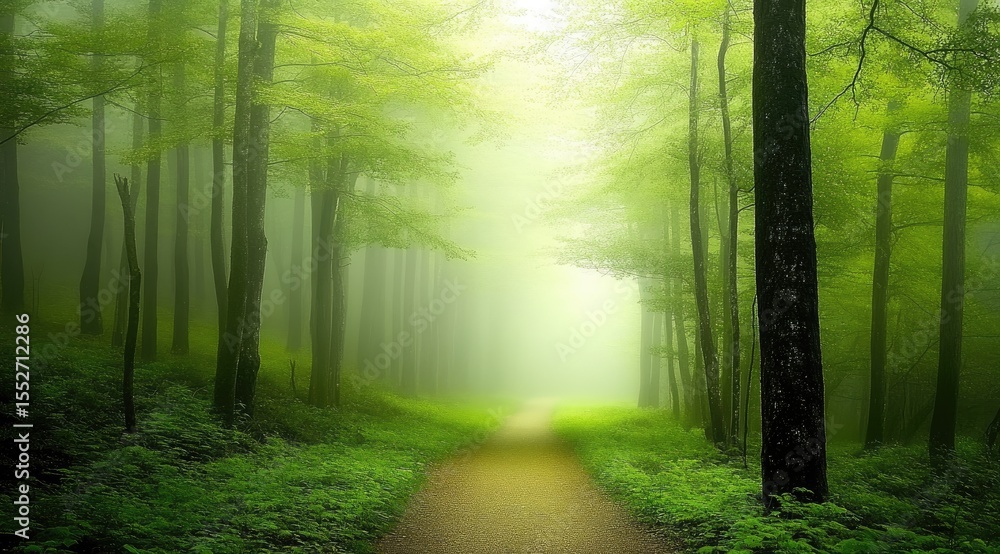 Fototapeta premium Misty forest path, vibrant greens, soft light