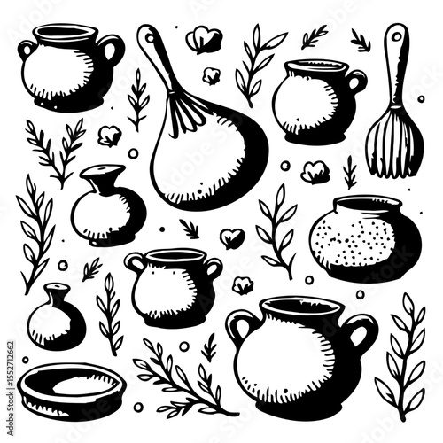 Hand-drawn ceramic kitchenware collection: rustic pottery and utensil sketches