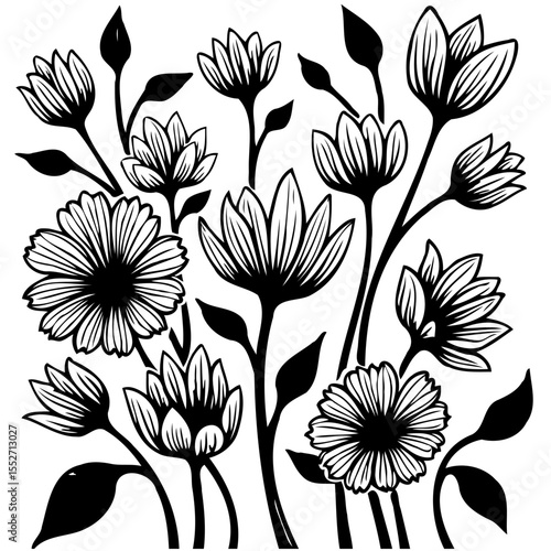Elegant black and white flower arrangement illustration for various design needs