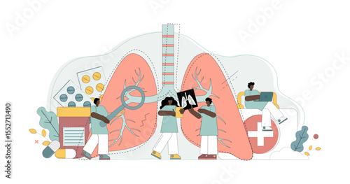 Lung treatment concept. Doctors with medical devices in medical gowns study lung disease treatment, diagnosis, therapy. Medical examination of the lungs.eps