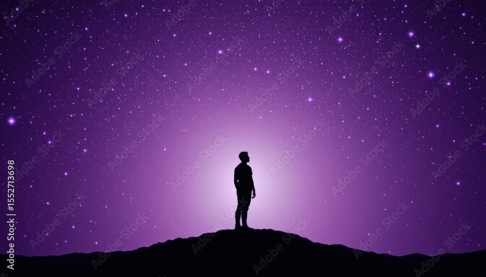 Fototapeta premium Silhouette of a Man Standing on a Hill Under a Starry Purple Night Sky