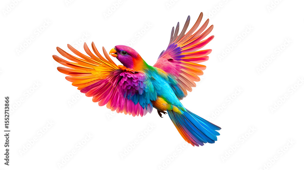 Fototapeta premium A colorful bird with rainbow feathers flying in the air. The bird is in the middle of the image