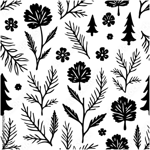Elegant woodland pattern featuring floral and foliage elements in black and white