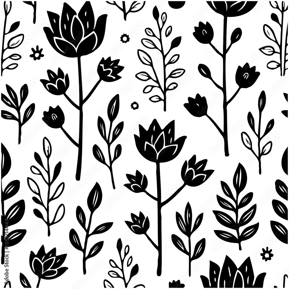 Fototapeta premium Elegant Black and White Floral Pattern for Textile Designs and Backgrounds