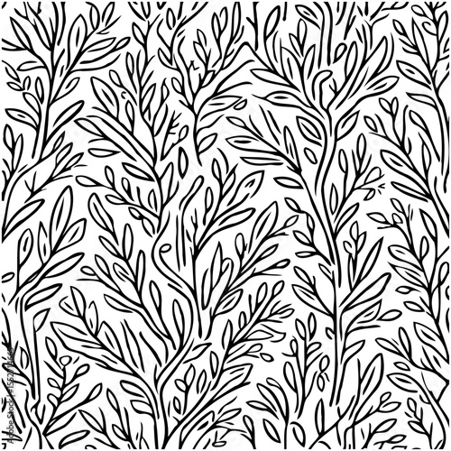 Seamless vector floral pattern featuring abstract branches and leaves in black and white