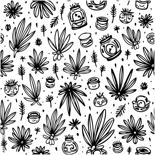 Seamless pattern featuring cannabis leaves and stylized cosmetic jars in black and white