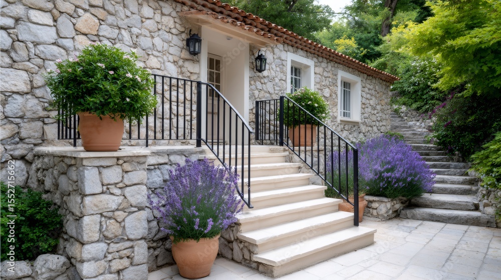 Naklejka premium Stone house entrance with lavender and stairs leading to garden