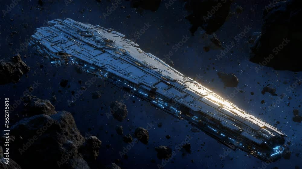 Large futuristic spaceship navigates through an asteroid field in deep space. Dark blue background, lit by spaceship's glow. Detailed spaceship model.