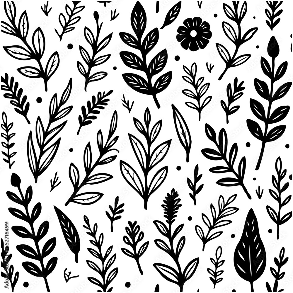 Fototapeta premium Elegant Floral Pattern with Hand-Drawn Leaves and Flowers for Creative Designs