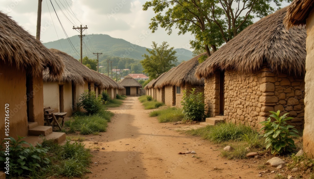 Traditional Rural Village with Stone and Thatched Roof Houses Surrounded by Lush Greenery and Mountains Traditional Rural Village with Stone and Thatched Roof Houses Surrounded by Lush Greenery and Mountains