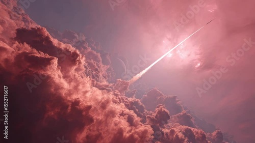 Pink and purple clouds fill the frame as a bright rocket launches, leaving a fiery trail against a vibrant sunset sky. Two smaller objects are visible trailing the rocket.