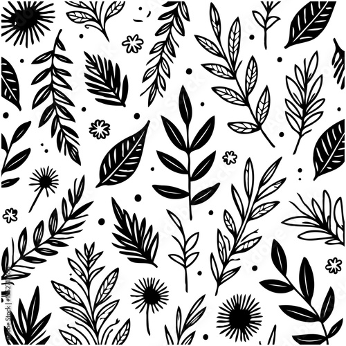 Elegant seamless pattern of botanical elements in black and white design