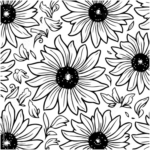 Floral pattern illustration with sunflowers and petals in black and white