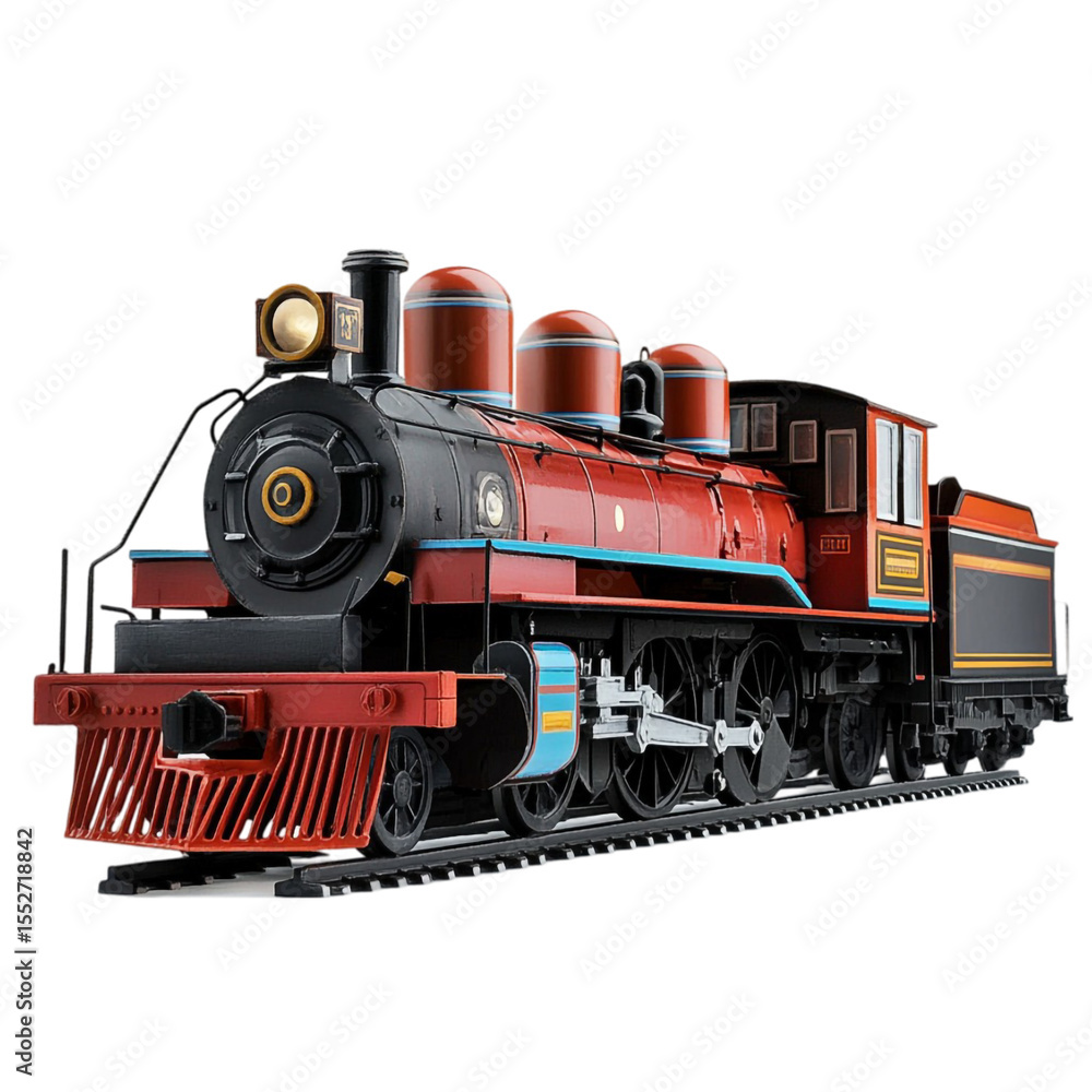 Obraz premium Classic red and black steam train locomotive model on tracks