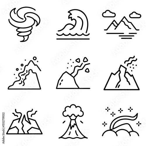Natural disaster icons depicting storms, waves, and mountains  