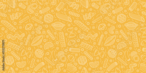 Pasta seamless pattern. Italian macaroni illustration set. Doodle vector food sketch. Rigatoni, fusilli and garganelli. Stelle, farfalle, tortiglioni, pipe rigate and penne