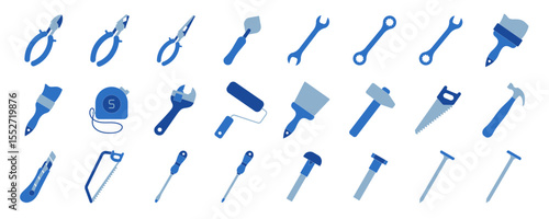 Construction tools vector icon set. Adjustable wrench, brush, roller, hammer and nails. Screw, nut and bolt. Tape measure, screwdriver, putty knife, saw, pliers and wire cutters