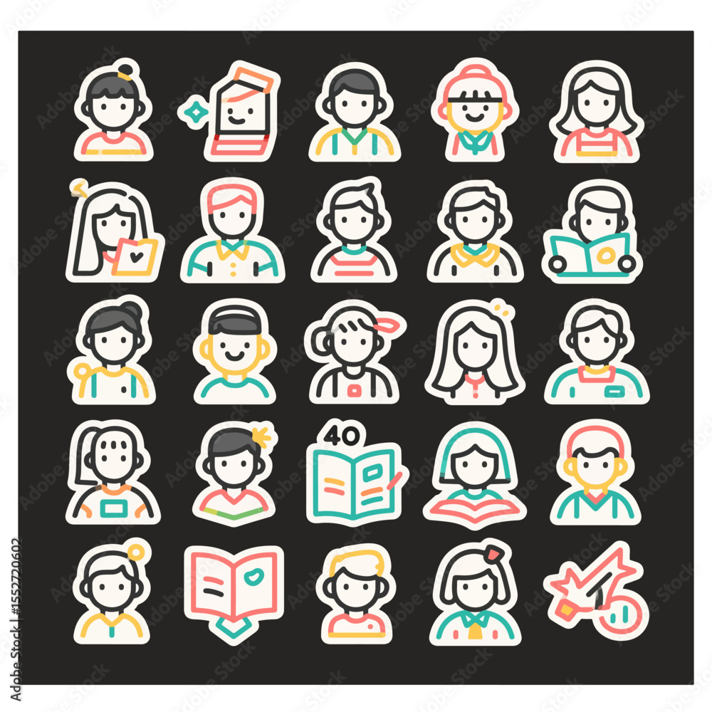 custom made wallpaper toronto digitalStudent icon set vector showing cute cartoon faces and school symbols, suitable for books, stickers, presentations, games, or creative assets.