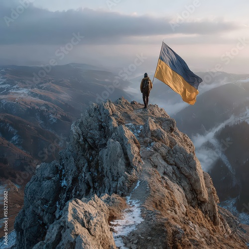 Leader holding Ukranian flag on mountain peak