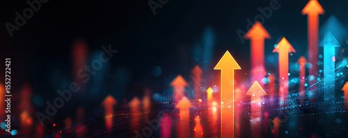 Abstract glowing upward arrows in orange and blue hues against a dark background, suggesting growth, progress, and positive trends in a digital or financial context