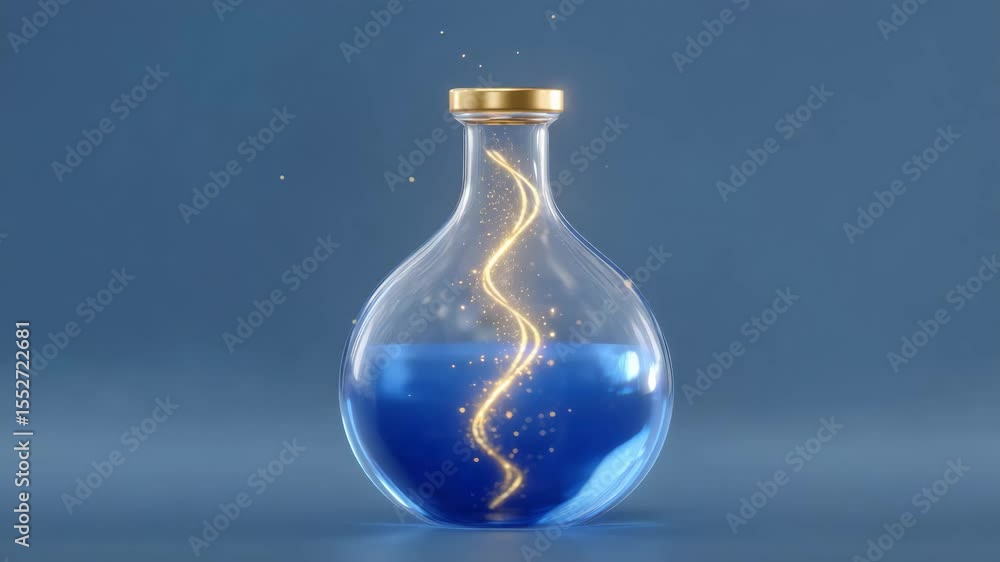 Clear Glass Potion Bottle Filled With Blue Liquid and Golden Sparkles Floating Inside Against Gradient Background Clear Glass Potion Bottle Filled With Blue Liquid and Golden Sparkles Floating Inside Against Gradient Background