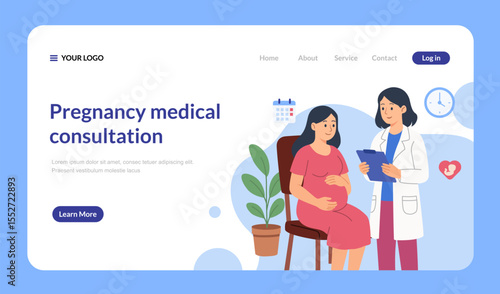 Consultation and check up during pregnancy. Pregnant woman visit gynecologist in the medical office. Female doctor talks with mother expecting a baby. Vector flat illustration