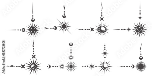 Mystic celestial border with moon and stars ornaments. Astrologic frame with spiritual elements. Vector dividers and fantasy corners with pattern of esoteric astral decorations.