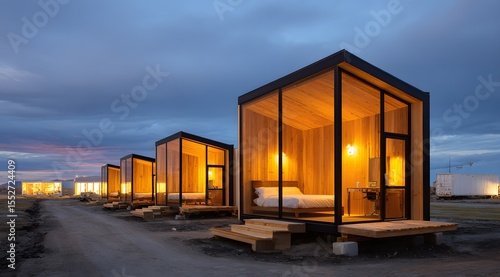 Modern, minimalist tiny homes illuminated at twilight.