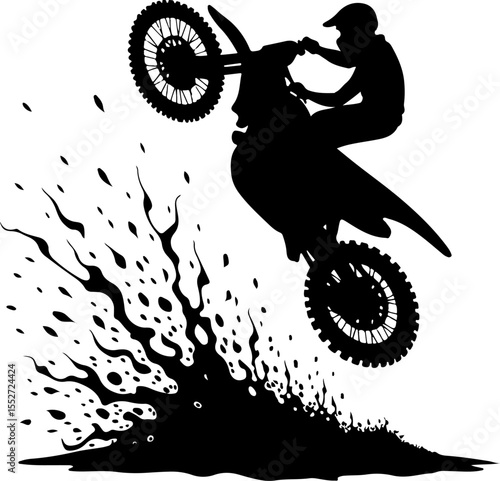Motocross Rider Wheelie with Mud Spray Silhouette Vector
