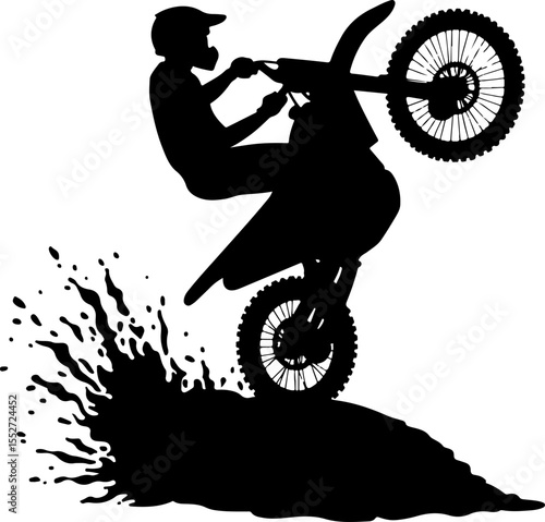 Motocross Rider Wheelie with Mud Spray Silhouette Vector