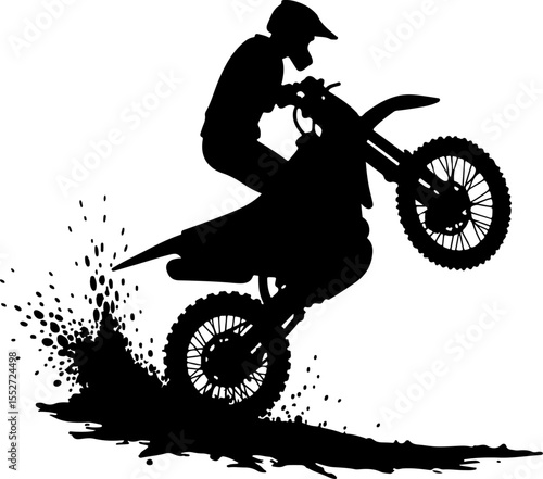 Motocross Rider Wheelie with Mud Spray Silhouette Vector
