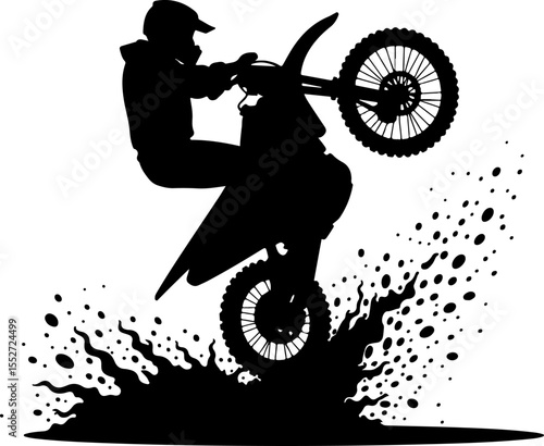 Motocross Rider Wheelie with Mud Spray Silhouette Vector