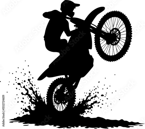 Motocross Rider Wheelie with Mud Spray Silhouette Vector