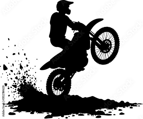 Motocross Rider Wheelie with Mud Spray Silhouette Vector