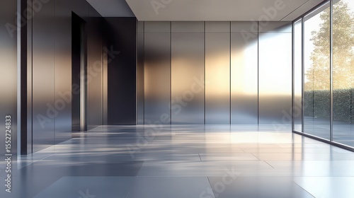 Modern interior with reflective walls and large windows showing outdoor greenery and sunlight