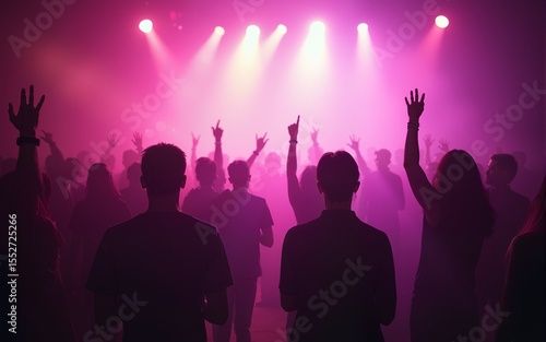 Nightclub with misty smoke environment, dreamy silhouette crowd dancing along with the music, rave party with techno theme with DJ live performance in music festival. Superb Generative AI.