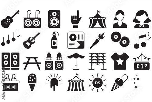 Event icon set with performance gear, crowd scenes, musical notes, and stage elements in vector style