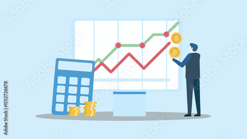 Financial graph analysis with calculator and rising coin stacks investment success growth