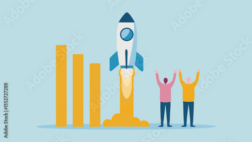 Chart Success Rocket Launch Business Growth Start up Team Celebration Achievement Goals Skyward