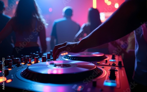 DJ plays live set and mixing music on turntable console at stage in the night club. Disc Jokey Hands on a sound mixer station at club party. DJ mixer controller panel for playing music and partying.